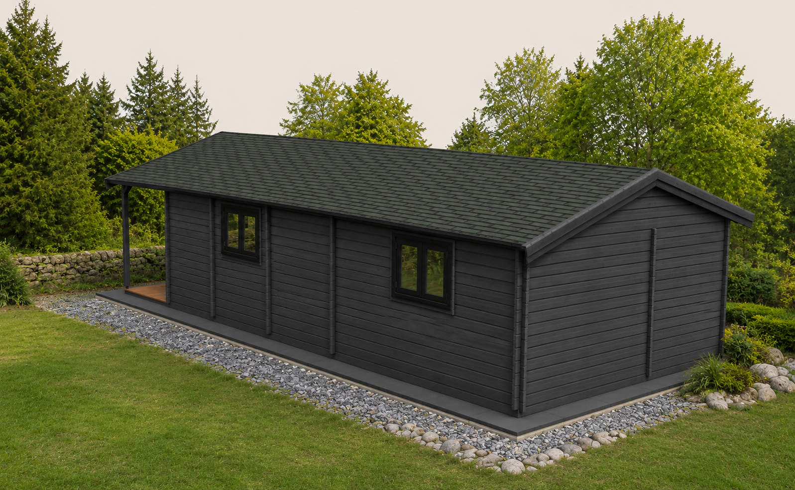 Nord Haven log cabin side view with grey uPVC windows