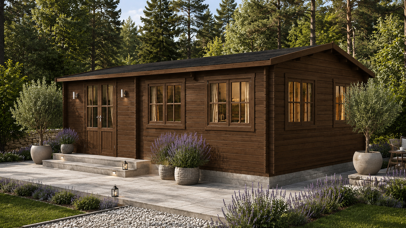 Large log cabin UK with veranda supplied by Logtech Ltd
