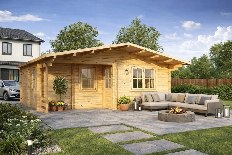 Large log cabins UK – timber cabin with veranda by Logtech Ltd