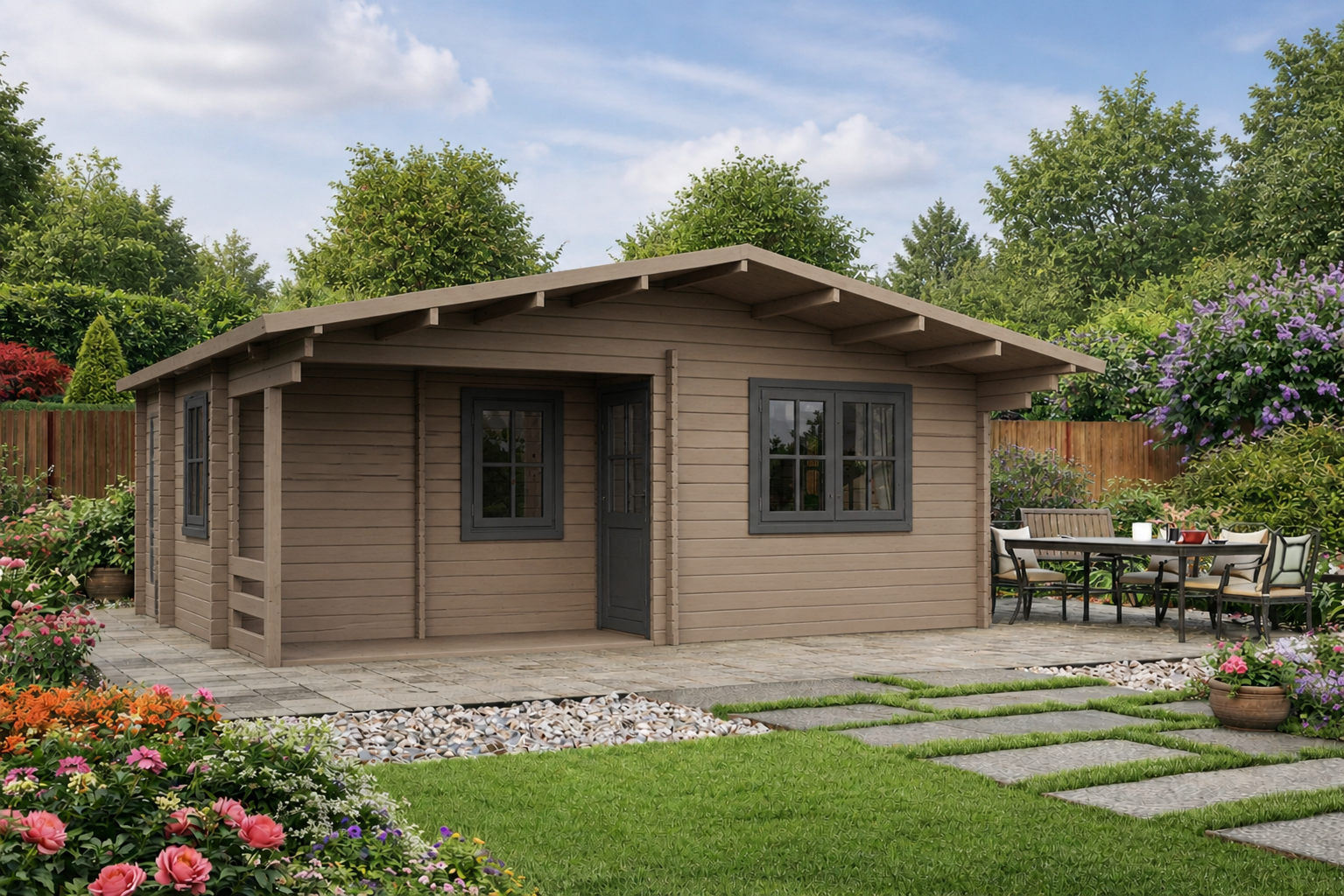 Large log cabins UK – timber cabin with veranda by Logtech Ltd